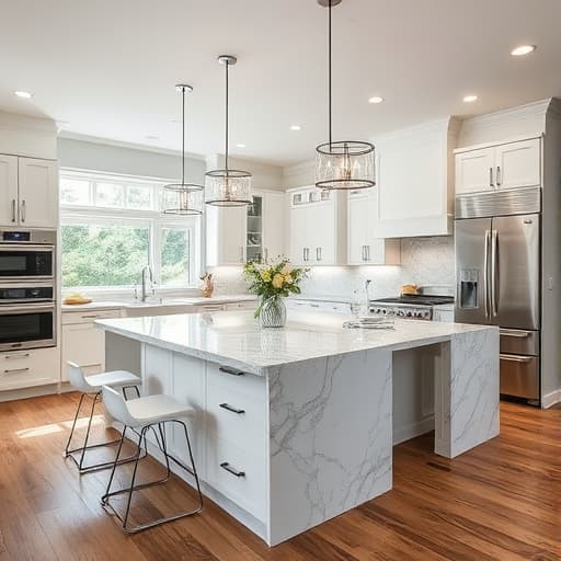 Elegant kitchen island with extended dining area in Sacramento residence