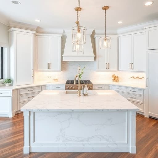Luxury kitchen island with marble countertop and pendant lighting in Sacramento home